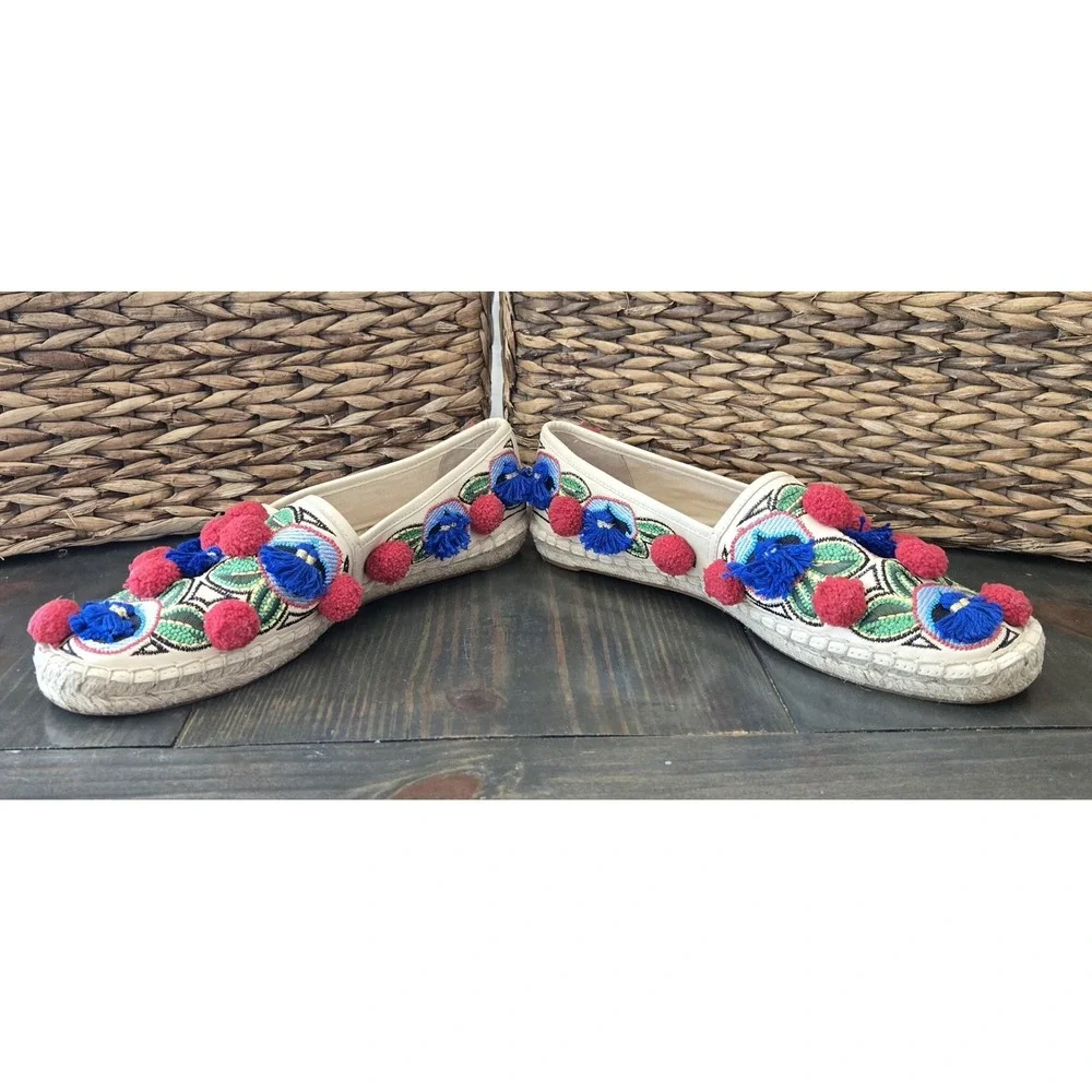 TORY BURCH Ellis‎ Pom-pom Embroidered Leather Textile Espadrille Flats 7.5 Shoes